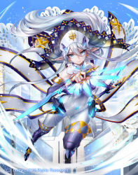 Rule 34 | 1girl, battle sister muffin, blue eyes, bodysuit, boots, cardfight!! vanguard, company name, dagger, grey hair, hat, knife, long hair, official art, pointy ears, solo, sparkle, spinel (9057), veil, weapon