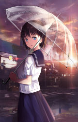 Rule 34 | 1girl, arms up, blouse, blue eyes, blue sailor collar, blue skirt, breasts, building, cloud, cloudy sky, come hither, evening, from side, highres, holding, holding umbrella, looking at viewer, medium breasts, original, outdoors, rain, road, sailor collar, school uniform, serafuku, shirt, skirt, sky, solo, standing, street, traffic light, transparent, transparent umbrella, umbrella, untue, white shirt