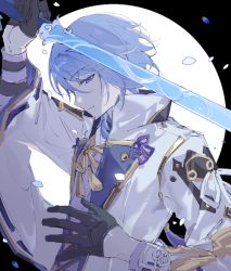 Rule 34 | 1boy, black gloves, blue hair, closed mouth, genshin impact, gloves, hair between eyes, highres, holding, holding sword, holding weapon, japanese clothes, kamisato ayato, long sleeves, male focus, mole, mole under mouth, petals, profile, purple eyes, simple background, solo, sword, tassel, two-tone background, upper body, weapon, wide sleeves, yue (shemika98425261)
