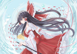 Rule 34 | 1girl, ascot, black hair, bow, chinese commentary, commentary request, detached sleeves, frilled bow, frilled hair tubes, frills, gohei, hair bow, hair tubes, hakurei reimu, highres, holding, holding gohei, long hair, partial commentary, red bow, red eyes, red skirt, ribbon-trimmed sleeves, ribbon trim, skirt, skirt set, solo, touhou, very long hair, water, yellow ascot, yudc11