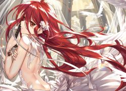 Rule 34 | 1girl, ahoge, alastor (shakugan no shana), back, backless dress, backless outfit, bare shoulders, bird, brown eyes, dove, dress, floating hair, flower, hair between eyes, hair flower, hair ornament, hand on own arm, highres, holding, holding sword, holding weapon, jewelry, katana, ks (xephyrks), long hair, looking at viewer, parted lips, pendant, red eyes, red hair, reverse grip, ribbon, shakugan no shana, shana, sidelocks, solo, sword, very long hair, weapon, wedding dress, white dress, white flower, white ribbon, wind