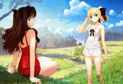Rule 34 | 2girls, absurdres, ahoge, alternate costume, aqua eyes, artoria pendragon (all), artoria pendragon (fate), ass, back, bare legs, bare shoulders, blonde hair, blue eyes, blue sky, bow, breasts, brown hair, camisole, cleavage, cloud, day, dirt road, fate/stay night, fate/unlimited codes, fate (series), field, grass, hair bow, hair ribbon, hand in own hair, highres, hill, house, long hair, long legs, looking at viewer, looking back, multiple girls, outdoors, ponytail, power lines, profile, revision, ribbon, road, rural, saber (fate), saber (summer memory) (fate), saber lily, scenery, shadow, short shorts, shorts, sideways mouth, sitting, sky, small breasts, standing, takeuchi takashi, tohsaka rin, tree, twintails, two side up, utility pole, well