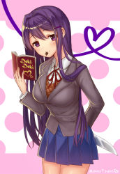 Rule 34 | 1girl, arm behind back, blazer, blue skirt, blush, book, breasts, chocolate, closed mouth, collared shirt, cowboy shot, doki doki literature club, food in mouth, grey jacket, hair ornament, hairclip, hand up, head tilt, heart, holding, holding book, holding knife, jacket, knife, knife behind back, large breasts, long hair, long sleeves, looking at viewer, miniskirt, monotsuki, mouth hold, neck ribbon, open book, pink background, pleated skirt, polka dot, polka dot background, purple eyes, purple hair, red ribbon, ribbon, school uniform, shirt, simple background, skirt, smile, solo, standing, vest, white shirt, wing collar, yuri (doki doki literature club)