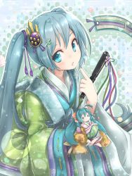 Rule 34 | 1girl, akino coto, aqua eyes, aqua hair, character doll, folded fan, folding fan, hair ornament, hand fan, hatsune miku, highres, japanese clothes, kimono, layered clothes, layered kimono, long hair, looking at viewer, nail polish, open mouth, solo, twintails, vocaloid