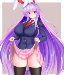 Rule 34 | 1girl, absurdres, animal ears, black thighhighs, blazer, blush, border, breasts, clothes lift, cowboy shot, highres, jacket, kou (inaba), large breasts, lifted by self, light smile, long hair, long sleeves, looking at viewer, miniskirt, necktie, panties, pink skirt, purple hair, rabbit ears, red eyes, reisen udongein inaba, shirt, sidelocks, skirt, skirt lift, solo, standing, thighhighs, thighs, touhou, underwear, very long hair, white border, white shirt