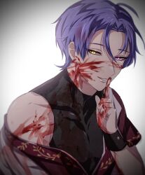 Rule 34 | 1boy, blood, blood on clothes, blood on face, blood on hands, finger to mouth, heterochromia, highres, kuya (nu carnival), looking at viewer, male focus, nu carnival, off shoulder, purple eyes, purple hair, short hair, shushing, sleeveless, slit pupils, smile, smug, teeth, white background, wrist cuffs, yadome810, yellow eyes
