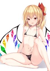 Rule 34 | 1girl, bare arms, bare legs, barefoot, bikini, black bikini, blonde hair, bow, breasts, cameltoe, fang, flandre scarlet, foot out of frame, hair bow, hand on own stomach, highres, kashiwagi yamine, knee up, looking at viewer, mole, mole under mouth, navel, one side up, red bow, red eyes, simple background, sitting, skin fang, small breasts, smile, solo, stomach, string bikini, swimsuit, touhou, white background, wings