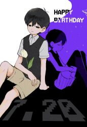 Rule 34 | 2boys, black eyes, black hair, black sweater vest, black tank top, black thighhighs, bright pupils, brown shorts, closed eyes, closed mouth, collared shirt, dated, flower, happy birthday, highres, holding, holding flower, ikuta za, knees up, male focus, multiple boys, omori, omori (omori), shirt, short hair, short sleeves, shorts, sitting, sunny (omori), sweater vest, tank top, thighhighs, tulip, white pupils, white shirt