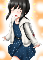Rule 34 | 1girl, ^^^, backpack, bag, black hair, blue dress, commentary request, cowboy shot, dress, closed eyes, fubuki (kancolle), grey sweater, hood, hooded sweater, hoodie, kantai collection, long hair, low ponytail, official alternate costume, ouno (nounai disintegration), polka dot, polka dot dress, ponytail, short ponytail, sidelocks, solo, sweater, twitter username