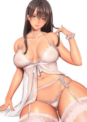Rule 34 | 1girl, absurdres, arm at side, black eyes, blush, breasts, breasts apart, brown hair, camisole, choker, cleavage, collarbone, covered erect nipples, fingernails, garter belt, gluteal fold, groin, hair between eyes, twirling hair, hand up, high-waist skirt, highres, lace, lace-trimmed legwear, lace-trimmed panties, lace trim, large breasts, long fingernails, long hair, looking at viewer, nail polish, navel, nose, ono itaru, original, panties, parted lips, pink nails, see-through, sharp fingernails, sidelocks, simple background, sitting, skirt, smile, solo, stomach, thighhighs, thighs, underwear, white background, white choker, white thighhighs