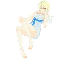 Rule 34 | 1girl, barefoot, blonde hair, breasts, daken0208 yona, dress, full body, long hair, looking at viewer, medium breasts, nier, nier (series), open mouth, simple background, smile, solo, white background, white dress, white hair, yonah