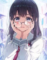 Rule 34 | 0v0 (l seohui), 1girl, black-framed eyewear, black hair, blue eyes, blurry, blurry background, blush, buttoned cuffs, buttons, commentary, crooked eyewear, depth of field, glasses, hands on own face, hands up, long hair, long sleeves, looking at viewer, neckerchief, open mouth, original, red neckerchief, round eyewear, sailor collar, school uniform, serafuku, shirt, solo, straight-on, symbol-only commentary, upper body, white shirt