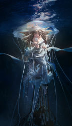 Rule 34 | 1girl, absurdres, afloat, air bubble, bare shoulders, barefoot, blonde hair, breasts, bubble, chain, cleavage, closed mouth, collarbone, dress, closed eyes, highres, jellyfish, long dress, long hair, miv4t, morse code, off-shoulder dress, off shoulder, original, reflection, restrained, smile, sos, submerged, toes, underwater, water, white dress
