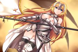 Rule 34 | 1girl, :|, armor, bare shoulders, black thighhighs, blonde hair, blue eyes, breasts, breasts out, chain, closed mouth, collar, fate/apocrypha, fate/grand order, fate (series), faulds, flag, gauntlets, greaves, headpiece, highres, jeanne d&#039;arc (fate), jeanne d&#039;arc (ruler) (fate), jeanne d&#039;arc (third ascension) (fate), jitome, long hair, looking at viewer, medium breasts, nipples, no panties, pussy, sheath, sheathed, solo, sword, thighhighs, tsurime, weapon, yoshimo