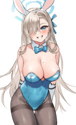Rule 34 | 1girl, absurdres, animal ears, arms behind back, asuna (blue archive), asuna (bunny) (blue archive), bad id, bad twitter id, bare shoulders, blue archive, blue eyes, blue leotard, blush, bow, bowtie, breasts, brown pantyhose, cleavage, detached collar, elbow gloves, fake animal ears, gloves, grin, hair over one eye, halo, highleg, highleg leotard, highres, kurokin, large breasts, leotard, light brown hair, long hair, looking at viewer, mole, mole on breast, pantyhose, playboy bunny, rabbit ears, smile, solo, thighs, traditional bowtie, white gloves