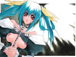 Rule 34 | 1girl, arc system works, asymmetrical wings, blue hair, breasts, chain, collar, dizzy (guilty gear), guilty gear, large breasts, open clothes, open shirt, red eyes, shirt, solo, wings