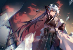 Rule 34 | 1girl, absurdres, arknights, artist name, bandaged arm, bandaged hand, bandages, bandaid, bandaid on face, belt, black shirt, blood, chinese commentary, closed mouth, coat, colored inner hair, commentary, cowboy shot, crystal, dragon horns, frown, grey hair, highres, horns, long hair, looking afar, multicolored hair, off shoulder, orange eyes, pouch, red hair, rockyroo, saria (arknights), saria (stronghold) (arknights), shield, shirt, sleeveless, sleeveless shirt, solo, split mouth, two-tone hair, v-shaped eyebrows, very long hair, white coat
