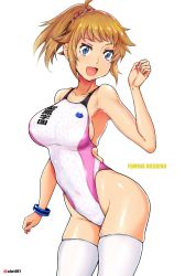 Rule 34 | 1girl, absurdres, adapted costume, aiuti, blue eyes, breasts, brown hair, character name, collarbone, commentary request, competition swimsuit, cowboy shot, gundam, gundam build fighters, gundam build fighters try, highleg, highleg swimsuit, highres, hoshino fumina, medium breasts, one-piece swimsuit, open mouth, ponytail, smile, solo, standing, swimsuit, thighhighs, twitter username, white one-piece swimsuit, white thighhighs, zettai ryouiki