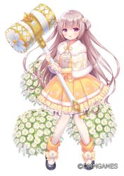 Rule 34 | 1girl, :d, black footwear, blush, brown hair, capelet, character request, commentary request, dress, flower, flower knight girl, frilled dress, frills, full body, fur-trimmed capelet, fur trim, hair flower, hair ornament, hammer, holding, holding hammer, long hair, long sleeves, name connection, object namesake, official art, open mouth, pantyhose, pleated dress, red eyes, shoes, simple background, sleeves past wrists, smile, solo, standing, two side up, usashiro mani, very long hair, watermark, white background, white capelet, white flower, white pantyhose, yellow dress