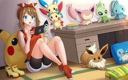 Rule 34 | 1girl, ankle socks, bag, bare arms, bare shoulders, bike shorts, bike shorts under shorts, black shorts, blue eyes, blush, boots, bowl, brown hair, celebi, chips (food), commentary, commission, creatures (company), crossed ankles, desk, eevee, food, game freak, gen 1 pokemon, gen 2 pokemon, gen 3 pokemon, gen 4 pokemon, hairband, hands up, highres, holding, indoors, kazenokaze, knees up, legendary pokemon, manaphy, may (pokemon), minun, mythical pokemon, nintendo, nintendo switch, on floor, open mouth, pikachu, pillow, plusle, pokemon, pokemon (creature), pokemon oras, potato chips, red hairband, red legwear, red tank top, short shorts, shorts, shorts under shorts, sidelocks, sitting, skitty, socks, squirtle, sweat, tank top, unworn boots, white shorts, yellow footwear