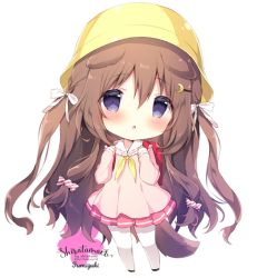 Rule 34 | 1girl, :o, animal ears, artist name, azur lane, backpack, bag, blush, bow, brown hair, chibi, commentary request, crescent, crescent hair ornament, dog ears, dog girl, dog tail, full body, fumizuki (azur lane), hair between eyes, hair bow, hair ornament, hairclip, hands up, hat, kindergarten uniform, long hair, long sleeves, neckerchief, pantyhose, parted lips, pink shirt, pleated skirt, purple eyes, randoseru, red skirt, sailor collar, school hat, shiratama (shiratamaco), shirt, skirt, sleeves past wrists, solo, standing, tail, two side up, very long hair, white background, white bow, white pantyhose, white sailor collar, yellow hat, yellow neckerchief