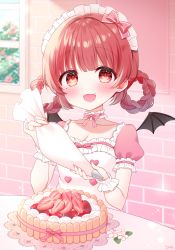 Rule 34 | 1girl, :3, :d, blush, bow, breasts, brick wall, bush, buttons, cake, choker, cleavage, commission, doily, fangs, flower, food, frilled choker, frilled cuffs, frills, fruit, hair bow, hair rings, hairband, heart button, holding, lolita hairband, mole, mole under eye, nanase (ribonshitoron), open mouth, original, pastry bag, puffy short sleeves, puffy sleeves, red eyes, red hair, ribbon, short sleeves, skeb commission, small breasts, smile, solo, strawberry, table, window, wrist cuffs