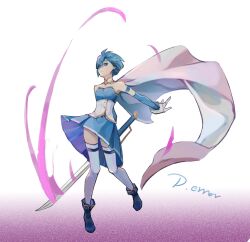 Rule 34 | 1girl, armor, blue eyes, blue footwear, blue hair, blue skirt, boots, breastplate, cape, detached collar, detached sleeves, dtypeerror, floating cape, full body, gloves, gradient background, hair ornament, highres, holding, holding sword, holding weapon, kneehighs, looking afar, magical girl, mahou shoujo madoka magica, miki sayaka, pink background, short hair, signature, simple background, skirt, sleeveless, socks, solo, standing, sword, weapon, white background, white gloves, white socks