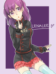 Rule 34 | 1girl, akatsuki kouya, black jacket, black order uniform, blue thighhighs, character name, d.gray-man, grey background, hair between eyes, index finger raised, jacket, layered skirt, lenalee lee, long hair, long sleeves, miniskirt, open mouth, pleated skirt, purple background, purple eyes, purple hair, red skirt, sitting, sketch, skirt, sleeves past wrists, solo, thighhighs, twintails, two-tone background, zettai ryouiki