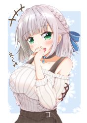 Rule 34 | 1girl, absurdres, black choker, black skirt, blue background, blue ribbon, blunt bangs, blush, border, braid, breasts, choker, commentary, floral background, green eyes, hair ribbon, hand up, highres, hololive, large breasts, looking at viewer, musical note, open mouth, ribbon, shirogane noel, shirogane noel (casual), skirt, sleeves past elbows, smile, solo, sweater, tan0, upper body, virtual youtuber, white border, white sweater