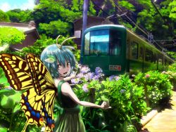 Rule 34 | 1girl, antennae, aqua hair, brown eyes, butterfly wings, day, dress, enoshima electric railway, eternity larva, fairy, flower, green dress, hair between eyes, insect wings, leaf, leaf on head, multicolored clothes, multicolored dress, open mouth, pink flower, pointing, purple flower, short hair, smile, solo, touhou, train, wings, yoppe (natsunohobby)