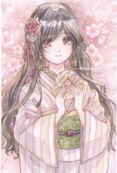 Rule 34 | 1girl, black hair, braid, cherry blossoms, closed mouth, doughnut, earrings, flower, food, green sash, hair flower, hair ornament, highres, holding, holding doughnut, holding food, japanese clothes, jewelry, kimono, long hair, long sleeves, looking at viewer, nazumi shiho, obi, original, painting (medium), pink background, pink kimono, pink theme, red eyes, red flower, red rose, rose, sash, side braid, sidelocks, smile, solo, standing, striped clothes, striped kimono, tassel, tassel earrings, traditional media, upper body, watercolor (medium), wide sleeves