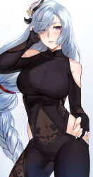 Rule 34 | 1girl, absurdres, black bodysuit, black gloves, blue eyes, blush, bodysuit, braid, breasts, clothing cutout, covered navel, deras, elbow gloves, genshin impact, gloves, grey hair, hair ornament, hair over one eye, highres, hip vent, large breasts, long hair, looking at viewer, low-braided long hair, low-tied long hair, parted lips, partially fingerless gloves, see-through, shenhe (genshin impact), shoulder cutout, solo, thighs, very long hair
