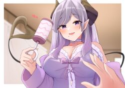 Rule 34 | 1girl, breasts, cleavage, demon, demon girl, highres, horns, lap pov, large breasts, maruneco, mature female, motherly, nanashi inc., pov, rattle, saionji mary, tail, virtual youtuber