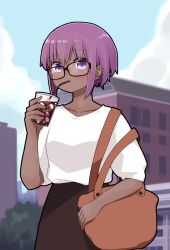 Rule 34 | 1girl, bag, bendy straw, black-framed eyewear, black skirt, building, collarbone, cup, dark-skinned female, dark skin, day, disposable cup, drinking straw, fate/prototype, fate/prototype: fragments of blue and silver, fate (series), glasses, hair between eyes, hand up, hassan of serenity (fate), highres, holding, holding cup, i.u.y, outdoors, purple eyes, purple hair, shirt, short hair, short sleeves, skirt, solo, white shirt