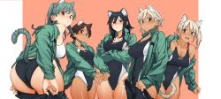 Rule 34 | 5girls, animal ear fluff, animal ears, ass, bad id, bad pixiv id, bare shoulders, black eyes, black hair, blonde hair, blush, breasts, brown eyes, brown hair, cat ears, cat girl, cat tail, cleavage, closed mouth, clothes writing, clothing cutout, collarbone, commentary request, competition swimsuit, covered navel, crossed arms, dark-skinned female, dark skin, fingernails, gluteal fold, green jacket, groin, highres, jacket, kr ohoshisama, large breasts, leaning forward, long fingernails, long sleeves, looking at viewer, looking back, medium breasts, multiple girls, off shoulder, one-piece swimsuit, open clothes, open jacket, original, own hands together, parted bangs, ponytail, red background, red eyes, short hair, side ponytail, sidelocks, smile, stretching, sweat, swimsuit, swimsuit under clothes, tail, tail through clothes, thigh gap, thighs, two-tone background, two-tone swimsuit, undressing