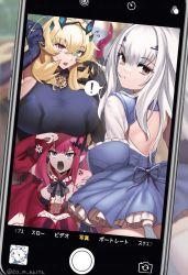 Rule 34 | !, 3girls, anger vein, backless dress, backless outfit, baobhan sith (fate), baobhan sith (first ascension) (fate), barghest (fate), black ribbon, blonde hair, blue dress, breasts, brown eyes, cellphone, cellphone photo, center frills, closed mouth, commentary request, detached collar, detached sleeves, dress, fate/grand order, fate (series), flying sweatdrops, fou (fate), frilled dress, frills, gauntlets, green eyes, grey eyes, hair between eyes, hands in hair, heterochromia, highres, holding, holding phone, huge breasts, kaita (mokamilkcup), long hair, looking at viewer, medium breasts, melusine (fate), melusine (second ascension) (fate), multiple girls, neck ribbon, open mouth, phone, pink eyes, pointy ears, purple dress, purple hair, purple sleeves, ribbon, sharp teeth, sidelocks, sitting, smartphone, speech bubble, taking picture, teeth, thighhighs, tongue, twitter username, two-tone dress, very long hair, white dress, white hair