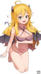 Rule 34 | 1girl, :d, ahoge, arm under breasts, bare legs, barefoot, blonde hair, breasts, cleavage, demon girl, demon horns, demon tail, demon wings, fang, green eyes, halterneck, heart, heart print, highres, horns, hoshii miki, idolmaster, idolmaster (classic), idolmaster million live!, kneeling, looking at viewer, medium breasts, myeolchi, navel, open mouth, pubic tattoo, simple background, skin fang, smile, solo, tail, tattoo, white background, wings