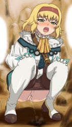 Rule 34 | 00s, 1girl, ascot, bar censor, blonde hair, blush, brown shorts, censored, clothes pull, dress, gloves, green eyes, hairband, hands on own knees, hou (hachiyou), long sleeves, natalia luzu kimlasca lanvaldear, open mouth, panties, panty pull, pantyhose, pantyhose pull, peeing, pussy, short hair, shorts, shorts pull, solo, steam, tales of (series), tales of the abyss, teeth, thighs, third-party edit, tongue, underwear, white dress, white gloves, white pantyhose, yellow ascot