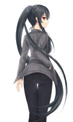 Rule 34 | 10s, 1girl, alternate costume, arm at side, asatsuki (fgfff), ass, bad id, bad nicoseiga id, black hair, black pants, casual, contemporary, from behind, grey shirt, hand in pocket, hand on own hip, highres, kantai collection, long hair, long sleeves, looking back, pants, ponytail, profile, shirt, sidelocks, simple background, smile, solo, standing, thigh gap, very long hair, white background, yahagi (kancolle)