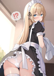 Rule 34 | !?, 1girl, absurdres, apron, ass, blonde hair, blue eyes, blush, bow, breasts, dress, frills, highres, long hair, looking at viewer, maid, maid apron, maid headdress, medium breasts, okiq, open mouth, original, panties, puffy sleeves, short sleeves, solo, sweat, thigh gap, thighhighs, thighs, underwear, white panties