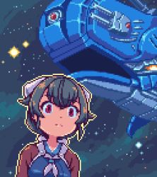 Rule 34 | 1girl, bandana, black hair, brown shawl, commentary request, hair flaps, hair ornament, hairclip, jingei (kancolle), kantai collection, long hair, low ponytail, lowres, meme, neckerchief, oobako, pixel art, red eyes, robot, shawl, solo, space, space cat (meme), spacecraft, star (sky), upper body, whale, white neckerchief