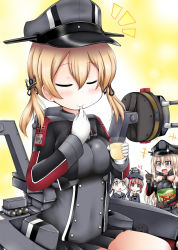 Rule 34 | 10s, 4girls, :d, :o, anchor hair ornament, bare shoulders, baumkuchen, bismarck (kancolle), blonde hair, blue eyes, breasts, brown eyes, brown hair, bucket, commentary, detached sleeves, dress, eating, enemy naval mine (kancolle), closed eyes, food, gloves, hair ornament, hat, holding, holding bucket, holding food, holding spoon, kantai collection, kriegsmarine, large breasts, long hair, low twintails, military, military hat, military uniform, multiple girls, open mouth, ouno (nounai disintegration), peaked cap, pleated skirt, prinz eugen (kancolle), pudding, sailor collar, sailor dress, sailor hat, short hair, silver hair, skirt, smile, spoon, twintails, uniform, z1 leberecht maass (kancolle), z3 max schultz (kancolle)