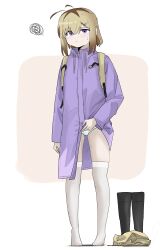 Rule 34 | 1girl, absurdres, antenna hair, backpack, bag, boots, brown hair, clothes lift, gruppe, highres, lifting own clothes, multicolored hair, no pants, original, panties, purple eyes, raincoat, shirt lift, snail girl, solo, squiggle, sweat, thighhighs, two-tone hair, underwear, unworn boots, white background, white panties, white thighhighs
