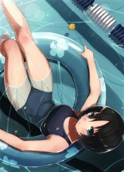 Rule 34 | 1girl, absurdres, afloat, bare shoulders, black hair, blue eyes, blush, bob cut, from above, hareno chiame, highres, innertube, lane line, legs, looking at viewer, looking up, lying, on back, one-piece swimsuit, original, partially submerged, pool, rubber duck, scan, school swimsuit, short hair, solo, swim ring, swimsuit, thighs, upside-down, water, wet
