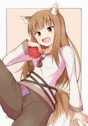 Rule 34 | 1girl, :d, animal ear fluff, animal ears, apple, arm at side, arm support, blunt bangs, blush, border, breasts, brown hair, brown pants, commentary, cowboy shot, food, fruit, hand up, happy, highres, holding, holding food, holding fruit, holo, jewelry, light brown background, long hair, long sleeves, looking at viewer, necklace, open mouth, pants, red apple, red eyes, shirt, sidelocks, simple background, sitting, small breasts, smile, solo, spice and wolf, straight hair, tail, tanuki noyama, tsurime, very long hair, white border, white shirt, wolf ears, wolf girl, wolf tail