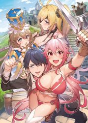 Rule 34 | 1boy, 3girls, :d, ahoge, antenna hair, arm up, armor, armpits, axe, bag, battle axe, between breasts, bikini armor, black scrunchie, blonde hair, blue eyes, blue headwear, blush, breasts, brown gloves, brown hair, castle, cleavage, closed mouth, copyright request, cover image, cross, day, eyepatch, fang, faulds, fingerless gloves, gloves, hair between eyes, hand on another&#039;s shoulder, hat, highres, holding, holding axe, holding sword, holding weapon, kakage, large breasts, left-handed, light particles, long hair, looking at viewer, mitre, multiple girls, navel, novel illustration, official art, one side up, open mouth, outdoors, outstretched arm, pink hair, red eyes, scrunchie, shoulder armor, smile, standing, standing on one leg, sword, teeth, thighhighs, upper teeth only, very long hair, weapon, white legwear