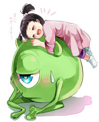 Rule 34 | 1girl, :d, ^ ^, animification, blue eyes, blush, boo (monsters inc.), child, closed eyes, dress, full body, hair bobbles, hair ornament, happy, kurabayashi, laughing, mike wazowski, monster, monsters inc., one-eyed, open mouth, pink dress, pixar, short twintails, smile, socks, sweatdrop, translated, twintails, white legwear
