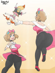 Rule 34 | 1girl, absurdres, ass, bare shoulders, black choker, black pantyhose, blue eyes, bow, braixen, breasts, brown hair, cameltoe, choker, cleft of venus, creatures (company), dress, from behind, game freak, gen 6 pokemon, gloves, hair bow, hat, highres, huge ass, immortalstar, large breasts, nintendo, open mouth, pantyhose, pantylines, pink dress, pokemon, pokemon (anime), pokemon (creature), pokemon xy (anime), serena (pokemon), short dress, short hair, sideboob, smile, tail, thick thighs, thighs