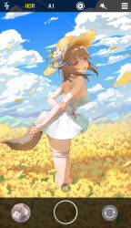 Rule 34 | 1girl, :d, absurdres, arknights, arm behind back, arm grab, backless dress, backless outfit, bare arms, bare shoulders, blue bow, blue sky, bow, breasts, brown hair, brown hat, cellphone display, cloud, cloudy sky, commentary request, cutter (arknights), day, dress, field, flower, flower field, from side, hat, hat bow, hat flower, highres, koshouko (fenrisulfr1010), leaning forward, looking at viewer, looking to the side, medium breasts, nail polish, open mouth, outdoors, petals, pink nails, red eyes, sky, sleeveless, sleeveless dress, smile, solo, straw hat, tail, white dress, white flower, yellow flower