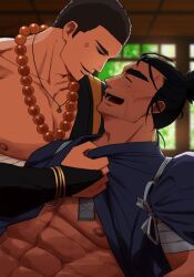 Rule 34 | 2boys, abs, anger vein, bara, bead necklace, beads, beard stubble, black hair, blurry, blurry background, blush, bracelet, closed eyes, collarbone, crave saga, dark-skinned male, dark skin, facial hair, fuyou (crave saga), ginjimaru (crave saga), japanese clothes, jewelry, kimono, kimono pull, long hair, looking at another, male focus, mature male, monk, multiple boys, muscular, nattukre, necklace, nipples, open mouth, pectorals, ponytail, short hair, sparse chest hair, stubble, thick eyebrows, very short hair, yaoi